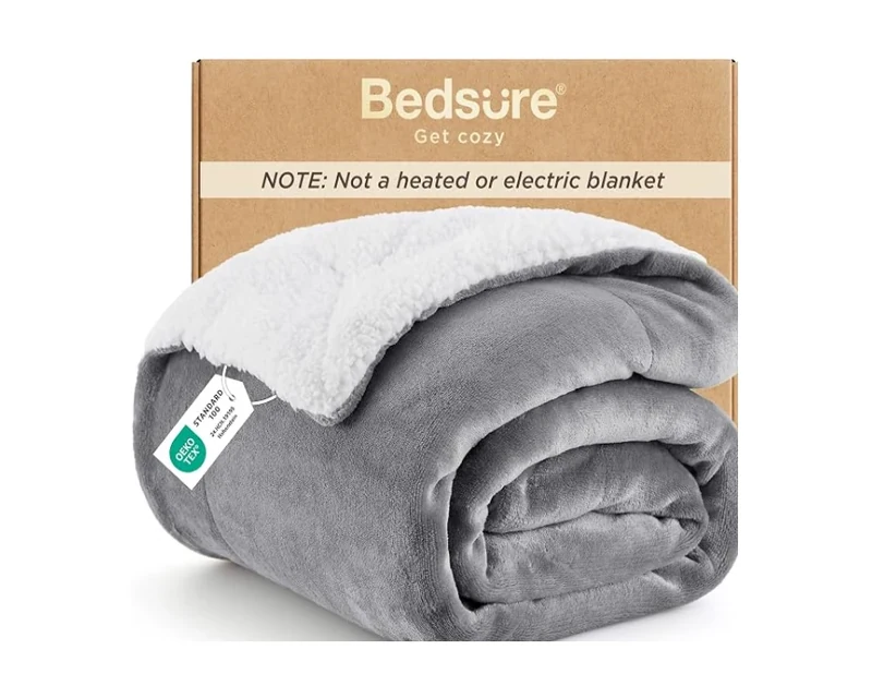 Folded gray Bedsure Sherpa Fleece blanket with white lining