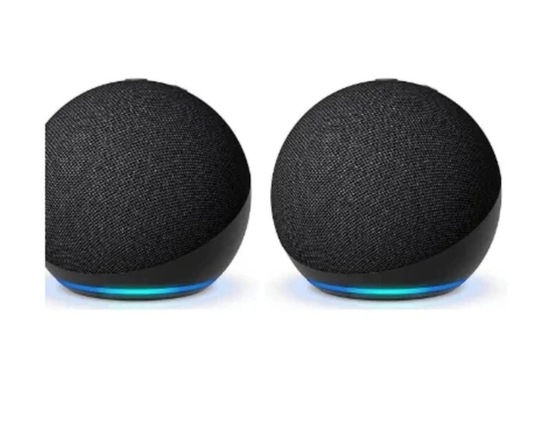 Two Charcoal Echo Dot spherical smart speakers