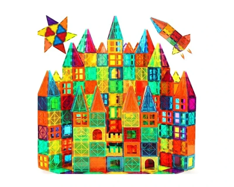 Colorful castle built with FNJO 110-piece magnetic tiles